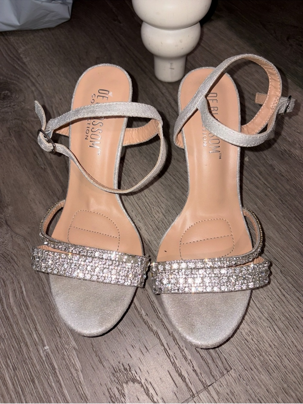 De Blossom Collection Amara -2  Silver Rhinestone Block Heel Sandals size 6.5